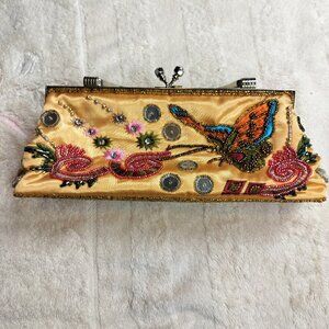 Beaded Butterfly Evening Clutch | Gold Satin Sequin‎ Formal Bag | Whimsigoth